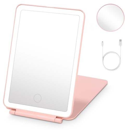 Schminkspiegel mit Beleuchtung,Faltbarer Makeup Spiegel Wiederaufladbarer Reisespiegel+10X Vergrößerung Spiegel,Touchscreen Dimmbarer mit 3 Lichtfarben Tischspiegel Kosmetikspiegel Standspiegel Rose