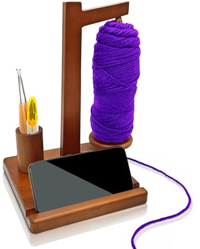 Wbgraceful Wooden Yarn Holder with Phone Stand, Hook Storage & Magnetic Spinner - Gift for Crochet Lovers, Knitters - Use for Crocheting, Knitting