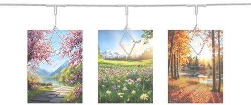 QUARKZMAN Cavo in Acciaio per Appendere Foto al Muro con 12 Clip a Rombo, Cornici per Foto Sospese da 5 Piedi per Decorare La Parete con Collage di Foto per Cartoline Arte Argento