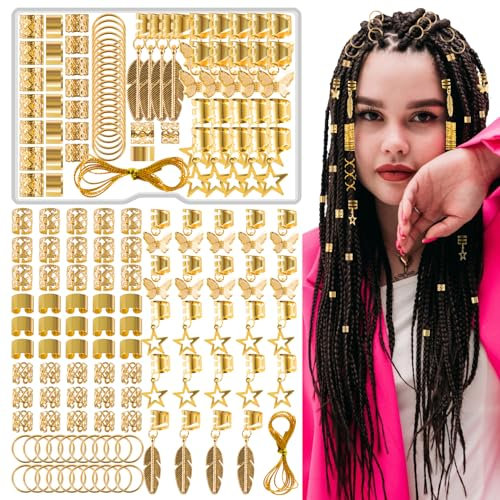 90 Pièces Bijoux Cheveux Doré, Bijoux Cheveux Tresse en Métal, Accessoires Pour Dreadlocks Bague Cheveux Viking Anneau Cheveux, Perles Cheveux Afro Réglables Pince a Cheveux Pour Hommes, Femmes
