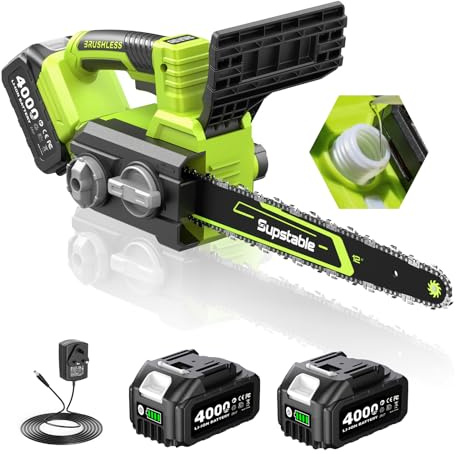 Supstable Electric Chainsaw Cordless 12 Inch, 2×4000mAh Batteries, Brushless Motor, Lightweight Electric Chain Saws with Auto Oiling, Tool-Free Tensioning, Ideal for Garden Wood Cutting & Seniors Use