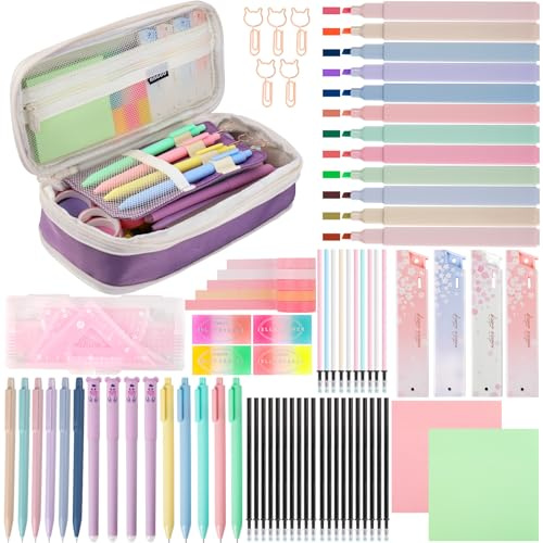 gyoyede 82pcs Aesthetic School Supplies Stationery Set with Pencil Case,Pastel Highlighters Gel Pens Mechanical Pencils,Essentials Stationary Set for Students Back to School Supplies（Purple）