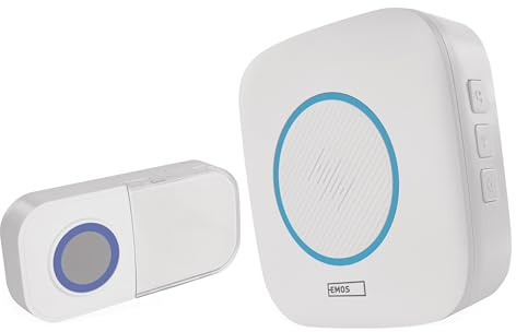EMOS - Türklingel/Funkklingel Set mit Klingel und wasserdichtem Klingelknopf - 36 Melodien, farbige Signalisierung - 150m Reichweite, 4 Lautstärken bis 90 dB - batteriebetrieben - weiß
