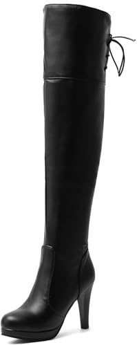 Cocey Stivali sopra il ginocchio con tacco alto, con lacci posteriori per abiti eleganti, tacco da 10 cm, Nero , 36 EU