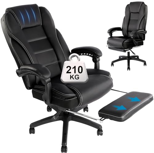 Chefsessel Bürostuhl210KG Belastung aus weichem PU Leder, ergonomischer Schreibtischstuhl mit hoher Rückenlehne, verstellbaren Armlehnen & großer Sitzfläche für Homeoffice und Büro, Mattschwarz
