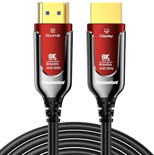 PREMIUMCORD 8K Câble à Fibre Optique HDMI 2.1, Ultra High Speed 48 Gbit/s, 3D, EDID, ARC, HDR, Résolution 8K@60Hz 4320p, 4K@240Hz, Compatible PS5, Xbox X, PC, TV, Noir/Rouge, Longueur 10 m