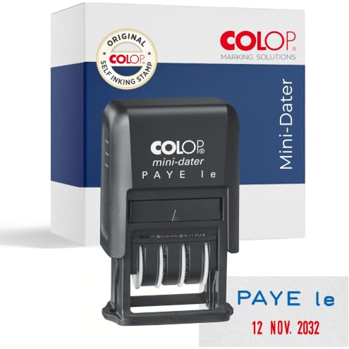 COLOP Tampon dateur PAYE le | S160/L2 | Bleu/Rouge | Date en français | Ruban annuel de 12 ans | Impression bicolore (bleu/rouge) | Idéal pour le bureau et l'administration
