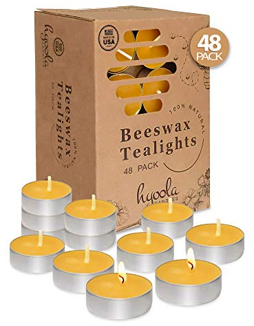 HYOOLA Beeswax Tealight Candles in Aluminum Cup - 48 Pack - 100% Pure Natural Beeswax Candles