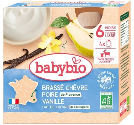 Babybio brassé chèvre poire vanille dès 6 mois 4 gourdes x 85g