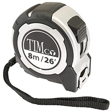 TIMCO 8M Tape Measure - 8m/26ft x 25mm - With locking button, belt clip and hand strap - Metric and Imperial tape measure