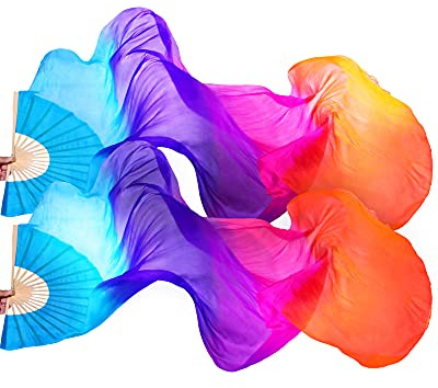 Jetec 1 Pair (left + Right) Women Belly Dance Fan Veil Colorful Long Folding Bamboo Fan Imitation Real Silk Veil Streamers 180 x 90 cm(Blue, Purple, Orange)