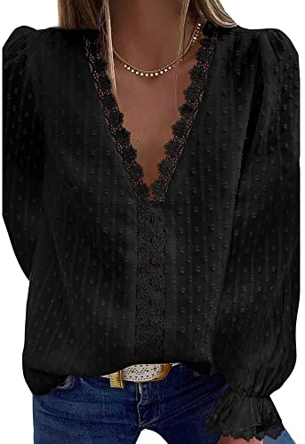 Coloody Femme Tee Shirt Dentelle Col en V, Manches Longues Loisirs D'été Tunique en Jacquard en Dentelle Blouse Amples Caraco en Dentelle Tops Chemisiers à La Mode-LNoir-XL