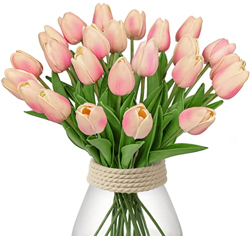 24 pcs Künstliche Blumen Tulpen, Decor Kunstblumen sehr echt, Plastikblumen Tulpen PU Latex real Touch, Gefälschte Blumen Tulpen Rosa für Hochzeitszimmer Home Decor Wohnzimmer Büro Hotel Küche Decor