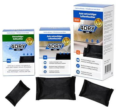 4DRY Juego de 3 deshumidificadores para coche, granulado para evitar el moho, el óxido y los olores, deshumidificador para ventanas de coche en invierno, absorbe la humedad en el interior del vehículo