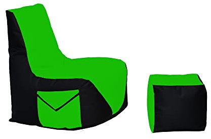 Momiralland Komfort Sitzsack XL - XXL mit Hocker Sitzkissen BodenKissen Sessel In- & Outdoor geeignet Gaming Sitzsack für Erwachsene und Kinder (Schwarz – Grün, XXL - Durchmesser 80 cm)