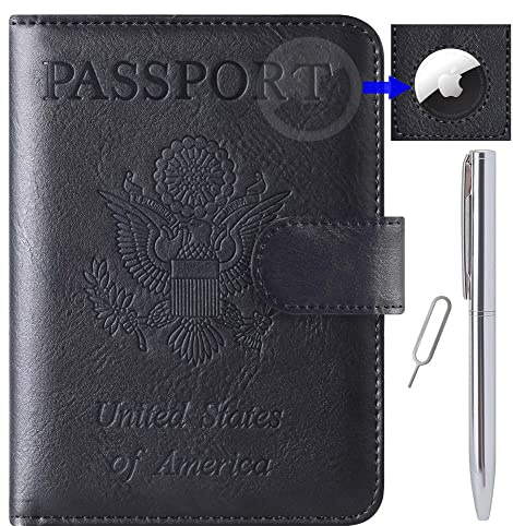 Airtag Passport Holder Cover Wallet Travel Essentials Leather RFID Blocking Case Vacation Luggage Must Haves Travel Accessories for Men Women (117#Black)