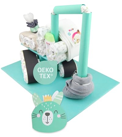 Windeltorte ® Bagger mit Babysocken [BAUSTELLENFAHRZEUG]- Geschenk zur Geburt - Babyparty - Baby - Babyshower - Pullerparty - Spucktuch - Babylätzchen (Mint/Neutral Unisex)