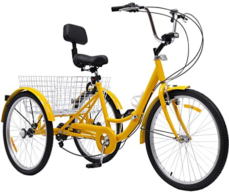 UESUENYENS 24 tum vikbar trehjuling för vuxna 7 växlar 3-hjuls cykel seniorcykel trehjuling vuxenhjul med LED-ljus grönsakskorg (gul)