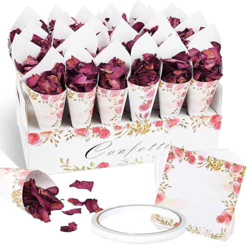 30 conos de confeti de boda, 1 soporte de 20 agujeros para pétalos secos, 1 cinta adhesiva de doble cara para pétalos de confeti, caramelos, chocolate, flores y bodas (rosa)