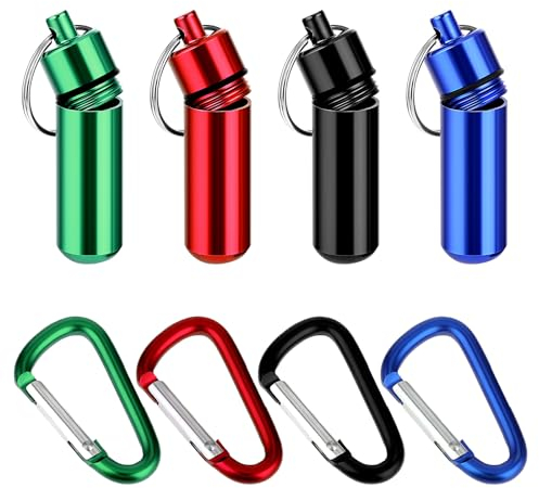 Prasacco 4 Stück Pillendose Schlüsselanhänger, Pillendose Klein für Unterwegs Tragbare Mini Reise-Pillendose Wasserdicht Metall Pillendose für Büro, Camping, Wandern, Reisen (Rot, Grün, Blau, Schwarz)