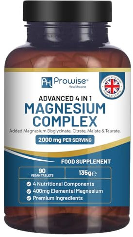 Magnesiumglycinat-Komplex 4 in 1 – 2000 mg pro Portion | Präzise 400 mg Dosis elementares Magnesium | Mit Magnesiumbisglycinat, Citrat, Malat und Taurat | 90 vegane Tabletten – von Prowise