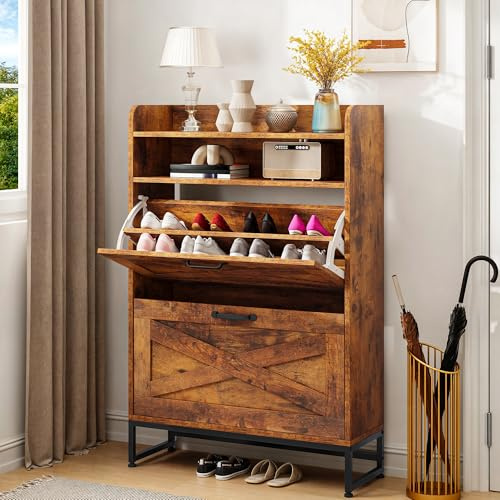 YITAHOME Armario para Zapatos con 2 Cajones Abatibles, Estilo Rústico Marrón, de Zapatos con estantes Abiertos, Mueble para Entrada, Sala, Pasillo, Dormitorio, 24x64x114 cm