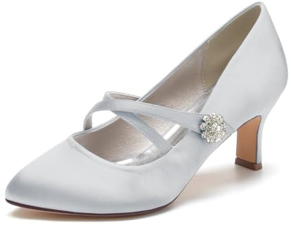 Women's High Kitten Heel Wedding Shoes for Bride Closed Toe Dress Pumps Cross Strappy Casual Work Party Bridal Court Shoes,Silver,5 UK