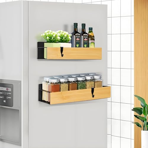 KedioPio Magnetisk Hylla Kylskåp, 2 Stycken Magnetisk Kryddhylla Trä Med 4 Krokar, Magnet Hylla Kryddställ Bambu Magnetic Shelf för Kök Förvaring och Organisering, Svart