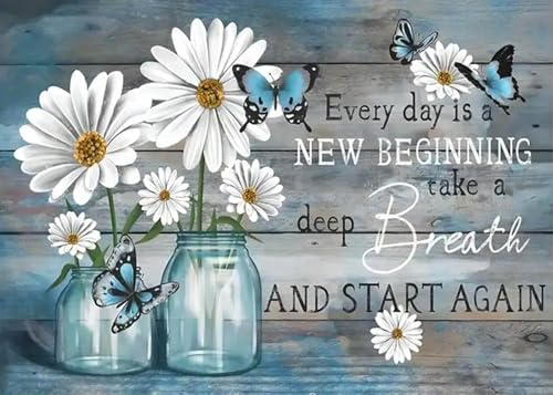 Kit Diamond Painting 5D Fiori e Farfalle – Diamond Art per adulti e Principianti con Diamanti Rotondi, Frase Ispiratrice “Every Day is a New Beginning”, Decorazione delle pareti di casa, 30x40 cm