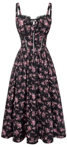SCARLET DARKNESS Women Floral Corset Dress Summer Casual Milkmaid Sundress with Pockets Black Pink Floral M