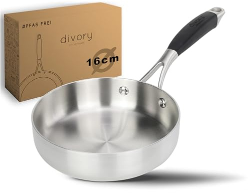 Sartén acero inoxidable DIVORY 16 cm – Sin recubrimiento, sin PTFE ni PFOA, para inducción, sartén pequeña sin revestimiento (PURA, 16 cm)
