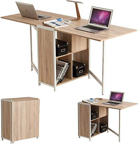 Bakaji Mesa Multiusos Plegable Extensible con 4 Compartimentos y estantes retráctiles, de Madera y Acero, Color Beige