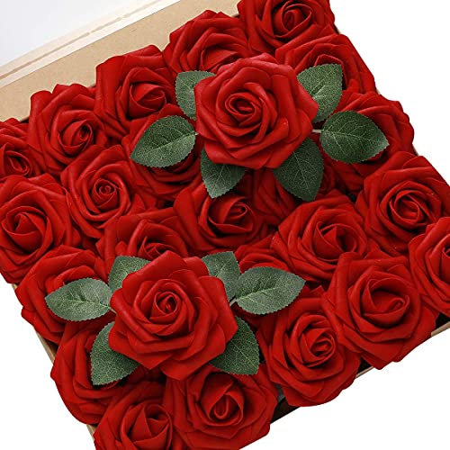 SLU 60 Pcs Roses Artificielles Fleurs Réelles - Faux Roses Mousse pour Bouquets De Mariage, Centres De Table, Arrangements, Décorations De Fête (Rouge)