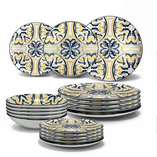ARCA Set Piatti da 18 Pezzi in Porcellana | 6 Piatti Piani, 6 Piatti Fondi, 6 Piatti da Dessert | Lavabili in Lavastoviglie e Utilizzabili in Forno a Microonde | Piatti Colorati