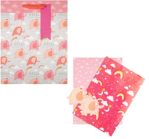 Hallmark Baby Girl Geschenktüte und Geschenkpapier-Set – 1 große Geschenktüte und 2 Papierbögen in 1 niedlichem Design, rosa Elefant (25572211)