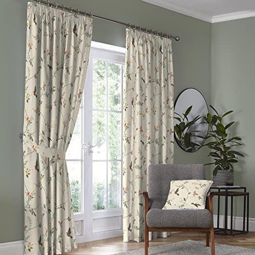Dreams & Drapes - Natural Floral & Bird Curtains W90 x L90 (229 x 229cm) - 2x Pencil Pleat Curtains - 2x Tie Backs - 100% Cotton - Botanical Curtains & Drapes for Bedroom - Garden Bird Curtains