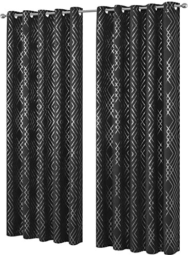 Olivia Rocco Geo Blackout Eyelet Curtains Metallic Printed Thermal Insulated Ring Top Black Out Curtain Pair Room Darkening Window Treatment For Living And Bedroom, Black 55 x 54