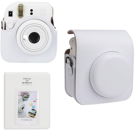 Meetikar kameraväska och 64 fickor fotoalbum kompatibel med Fujifilm Instax Mini 12 direktbildskamera, PU-läderbärbar mini 12 kameraväska med justerbar axelrem och fotoalbum, Vit, Kameraväska