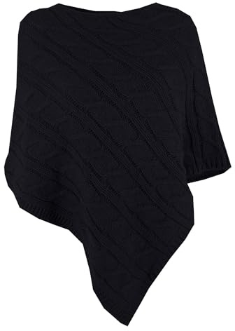 Poncho a Maglia Donna Motivo Intrecciato Scollo Rotondo Morbido Autunno (cod. 5348) (Taglia Unica, 5348 Nero)