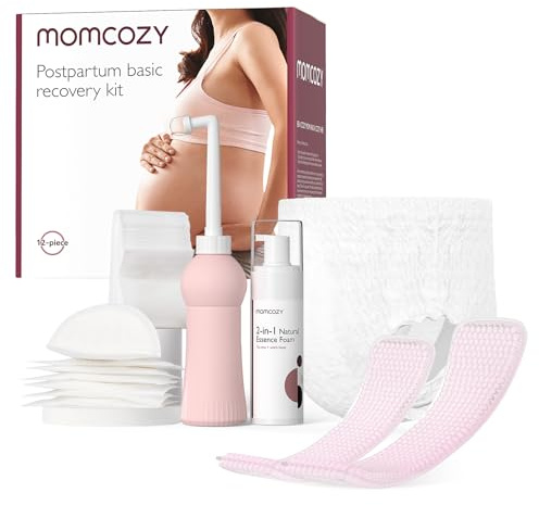 Momcozy Postpartum Recovery Essentials Kit, Labor Delivery Mom Care Kit, Self-Absorbent Disposable Underwear Nipple Nursing Pads Upside Down Peri Bottle Cold Pads Cooling Foam Canvas Bag Set