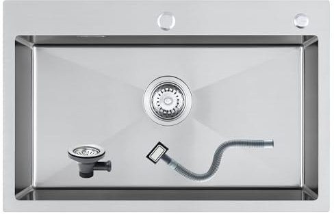 KEOKBON Kitchen Sink 70 * 45 * 19cm-Handmade 304 Stainless Steel Sink with Basket Strainer and Overflow for Flushmount and Topmount Installation, Single Bowl,Satin Brushed Silver