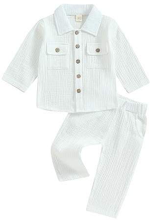 XIXIMAON Toddler Boy 2 Pieces Cotton Linen Clothes Set Solid Color Long Sleeve Button Down Shirt Pants Set Summer Fall Outfits Set Baby Shower Clothes (White, 2-3 Years)