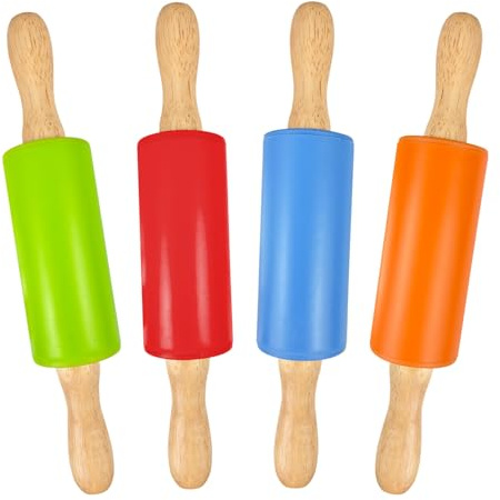 Brödkavel för barn, kavel silikon bakrulle med trähandtag – minikavel 22 cm för kex pizza – set om 4 (röd/grön/blå/orange) – föräldrar-barn-köksleksak, gåva