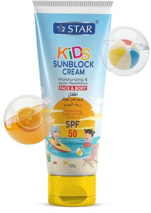 SZ STAR Kids Sun Cream SPF 50 - (Safest for kids) Gentle Sunscreen for Face & Body with Zinc Oxide Titanium Dioxide & Vitamin E - Moisturising Non-Sticky Water Resistant Sunblock for Children (100g)