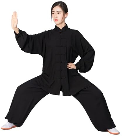 LVCHAO Dam herr mjuk bomull Tai Chi-kostym Kung Fu Wushu kampsport uniform vinge chun jacka byxor för seniorer nybörjare män kvinnor (svart, L (170 cm)