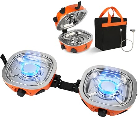 INFOOD Propane Camping Stove 20,000 BTU - Portable 2 Burner Gas Stove with Adjustable Flame Control, Piezo Ignition, Carry Bag & Propane Adapter Hose, Folding Design for Camp, BBQ, Tailgating, Orange