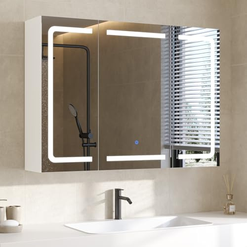 DICTAC Armario con Espejo,iluminación LED y Enchufe Armario Baño de Pared con 3 Puertas Espejo,Mueble Baño de Pared con Espejo y Estantes Ajustable,Mucho Espacio de Almacenamiento,90x60x16cm, Blanco