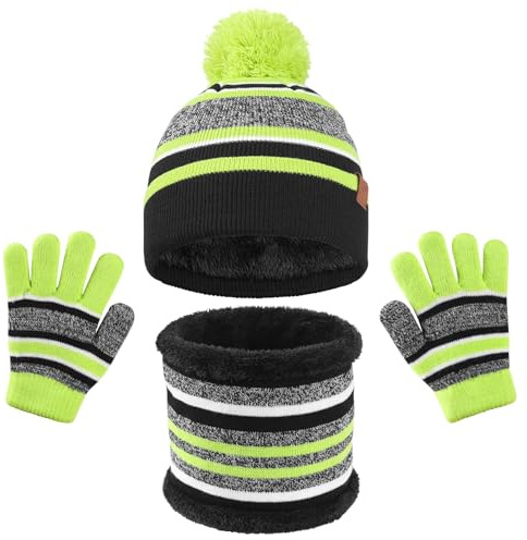 Icegrey 3 in 1 Set de Bufanda Gorro Guantes Conjunto de Cálido Gorro de Punto Invierno con Pompon, Braga Cuello con Forro Polar Guantes Termicos para Niña Niño 4-10 Años, Verde