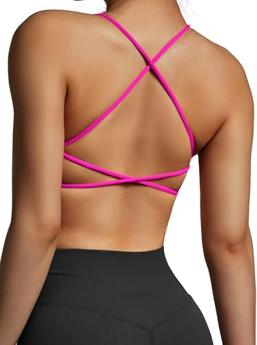 SUUKSESS Women Open Back Padded Sports Bra Strappy Workout Gym Yoga Crops Deep Pink