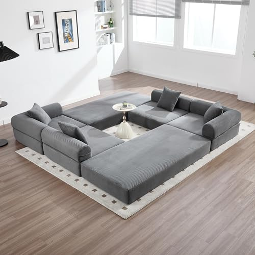 Sofá cama de 5 plazas con bolsillos laterales más 5 cojines, estructura robusta de metal, sofá de esquina modular plegable por compresión, sofá de 5 plazas en terciopelo acanalado (B-Gris oscuro+5